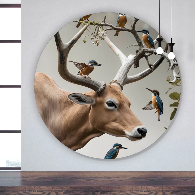 Aluminiumbild Hirsch Vögel Kunstwerk Kreis