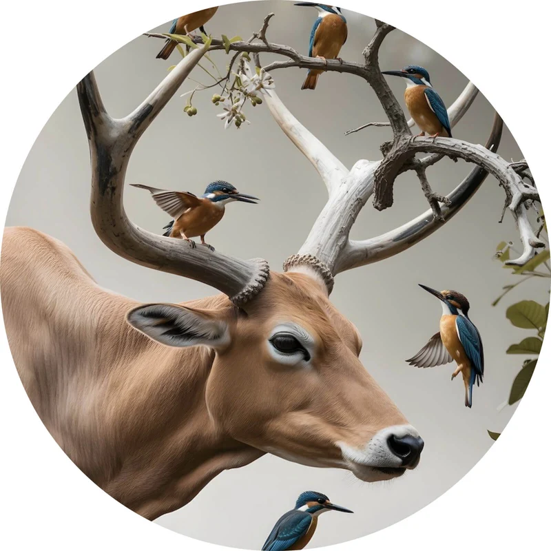 Aluminiumbild Hirsch Vögel Kunstwerk Kreis