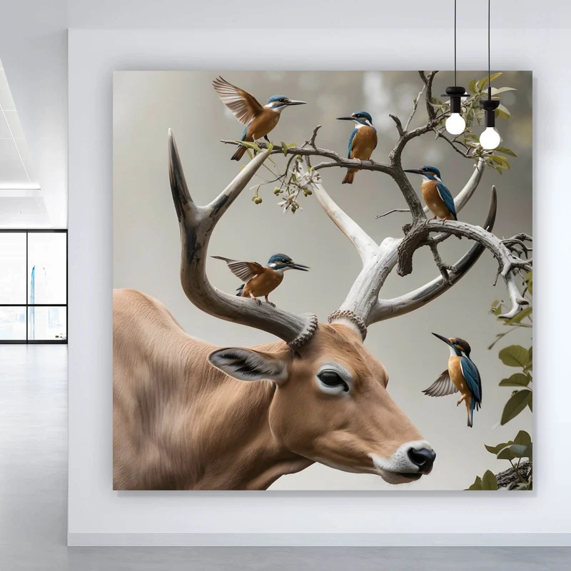 Aluminiumbild Hirsch Vögel Kunstwerk Quadrat