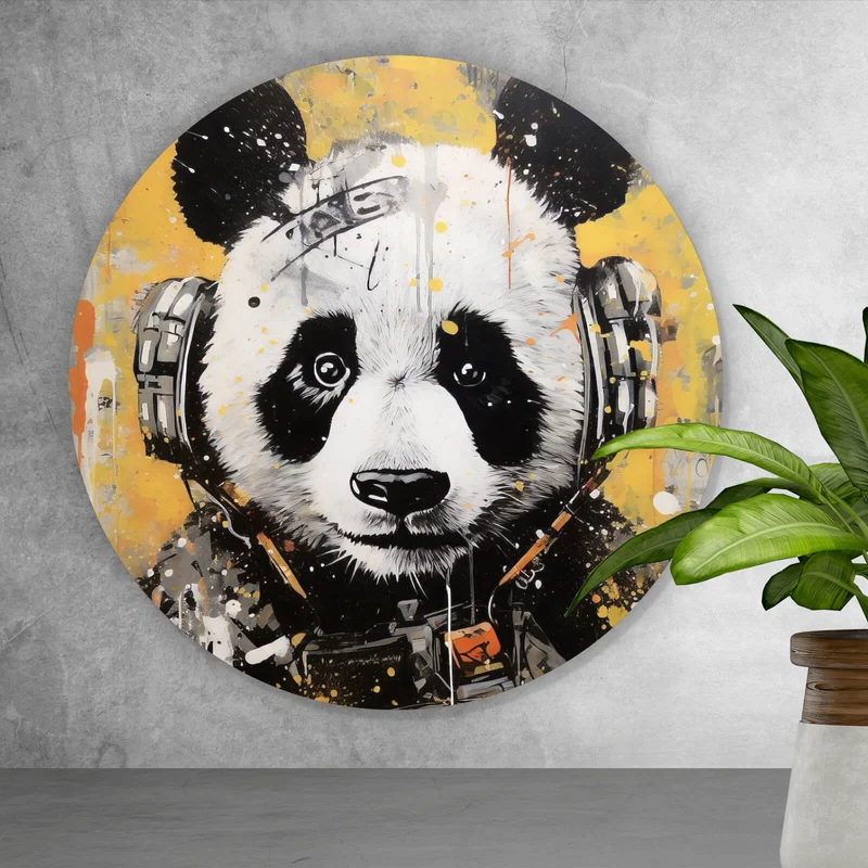Aluminiumbild Panda musikalisch mit Kopfhörern Kreis
