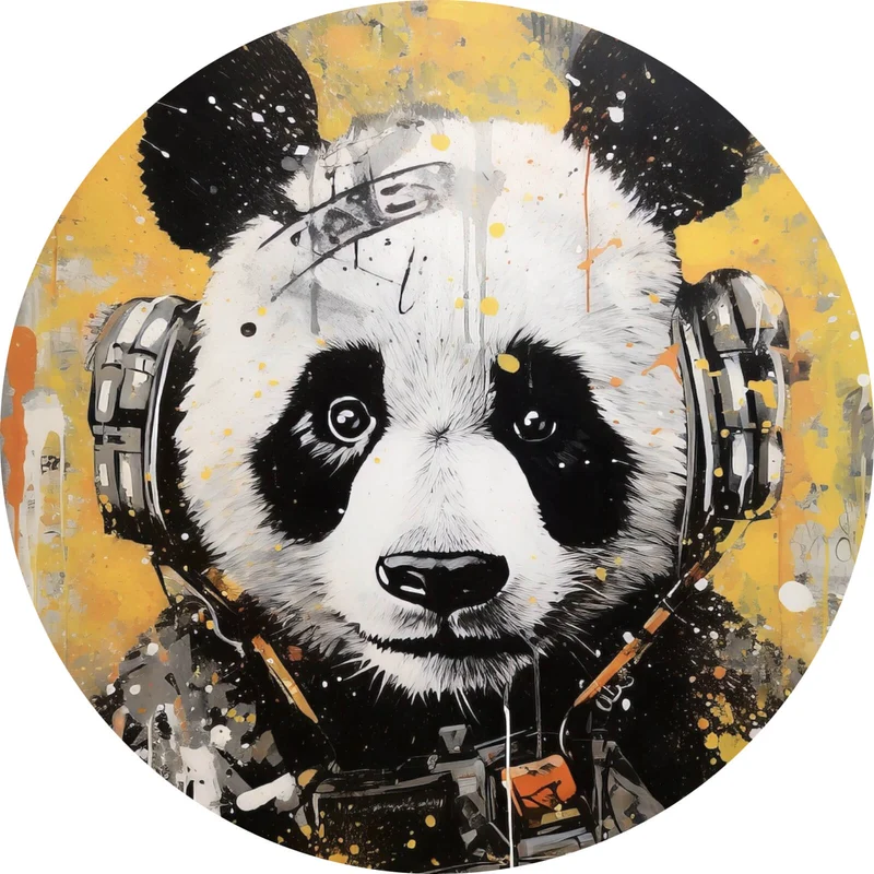 Aluminiumbild Panda musikalisch mit Kopfhörern Kreis