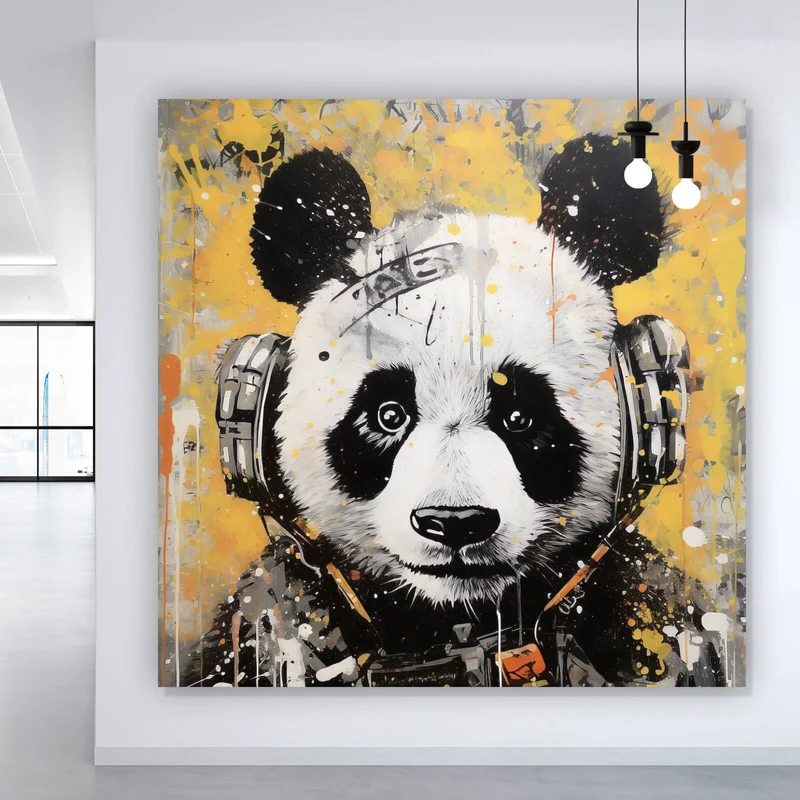 Spannrahmenbild Panda musikalisch mit Kopfhörern Quadrat