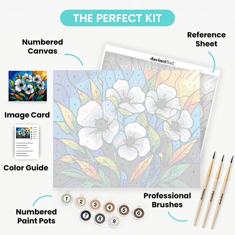 Stained Glass White Flowers - Paint by Numbers Kit