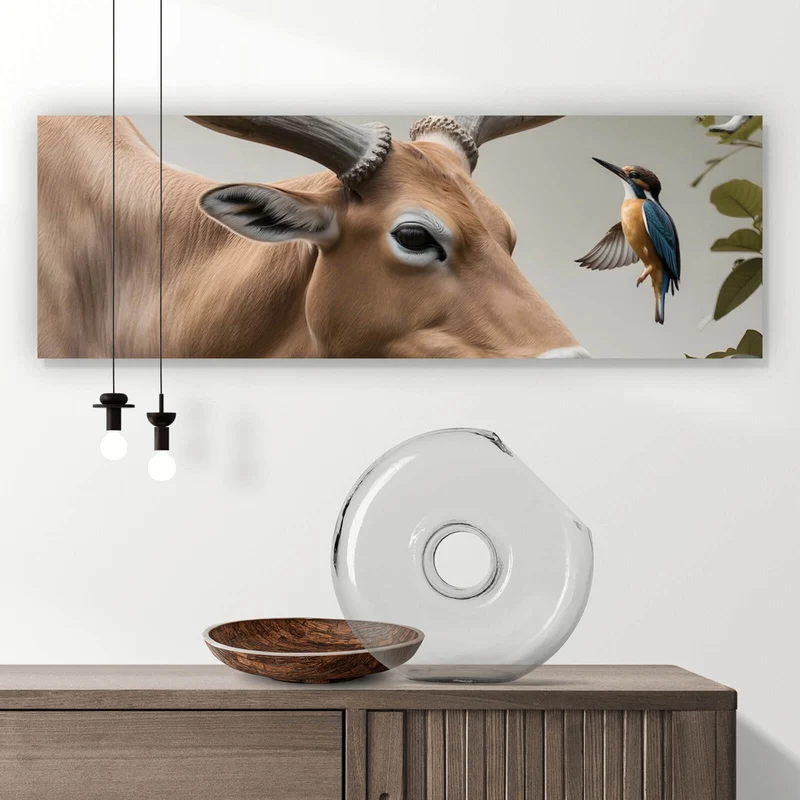 Spannrahmenbild Hirsch Vögel Kunstwerk Panorama