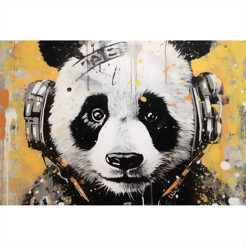 Spannrahmenbild Panda musikalisch mit Kopfhörern Querformat