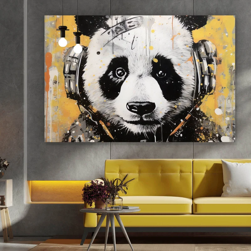 Poster Panda musikalisch mit Kopfhörern Querformat