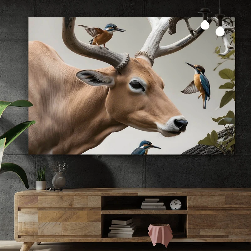 Leinwandbild Hirsch Vögel Kunstwerk Querformat