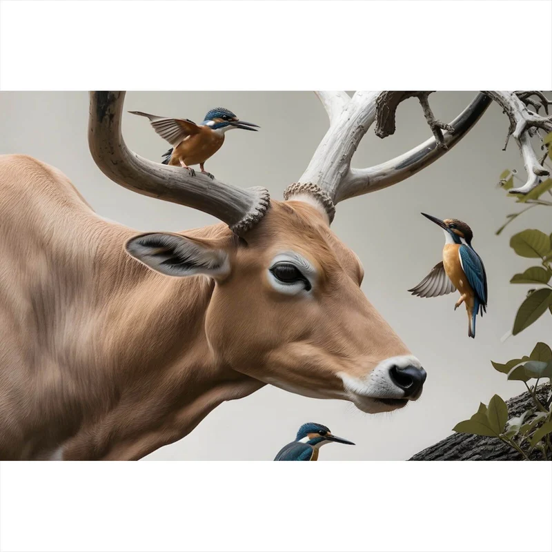 Leinwandbild Hirsch Vögel Kunstwerk Querformat