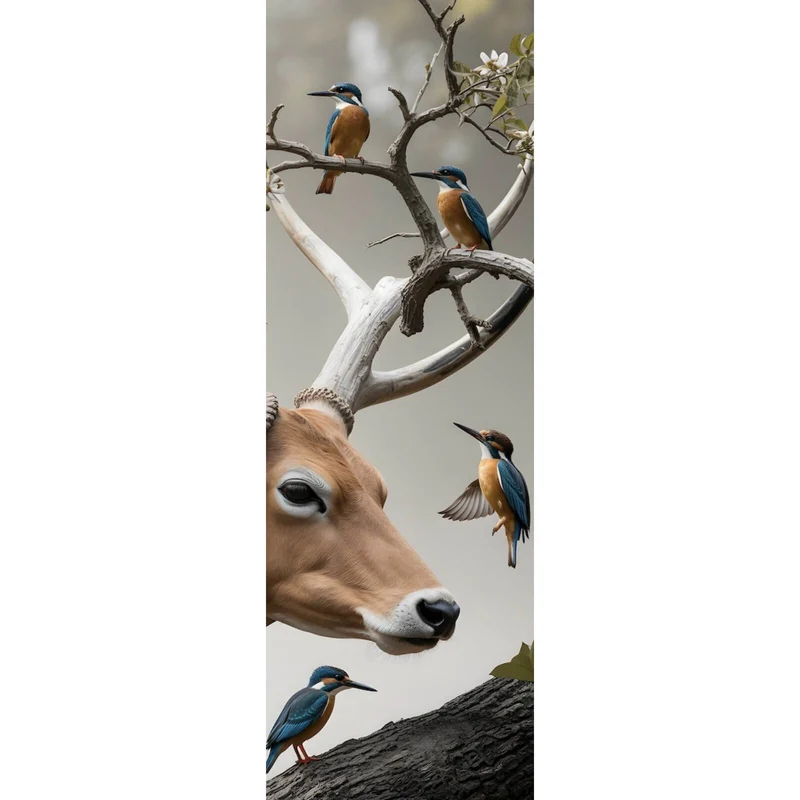 Leinwandbild Hirsch Vögel Kunstwerk Panorama Hoch