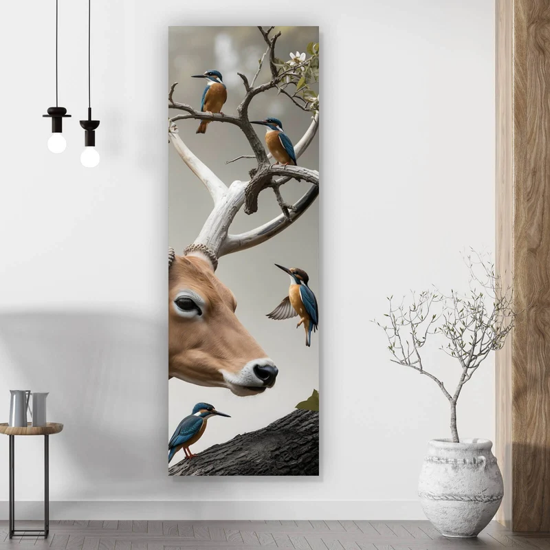 Poster Hirsch Vögel Kunstwerk Panorama Hoch