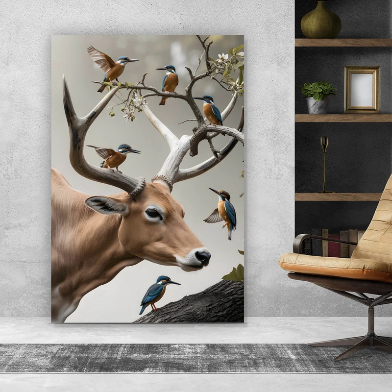 Spannrahmenbild Hirsch Vögel Kunstwerk Hochformat