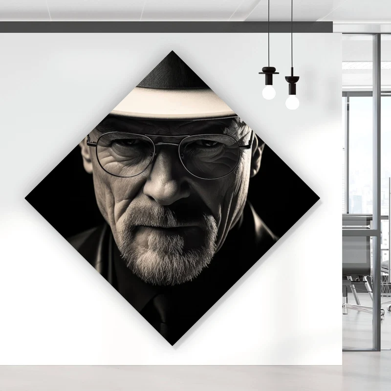 Aluminiumbild gebürstet Porträt eines Mannes mit Hut und Brille Raute