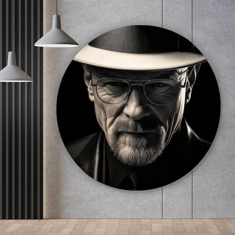 Aluminiumbild gebürstet Porträt eines Mannes mit Hut und Brille Kreis