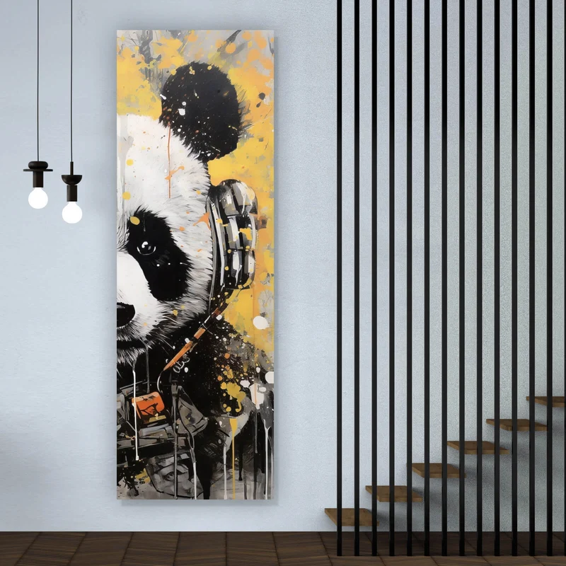 Leinwandbild Panda musikalisch mit Kopfhörern Panorama Hoch