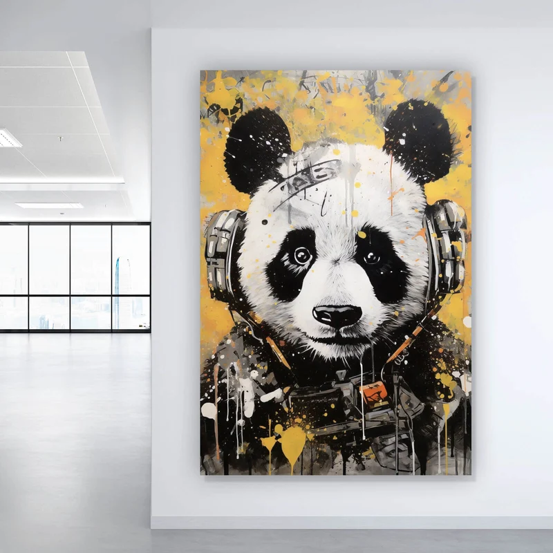 Spannrahmenbild Panda musikalisch mit Kopfhörern Hochformat