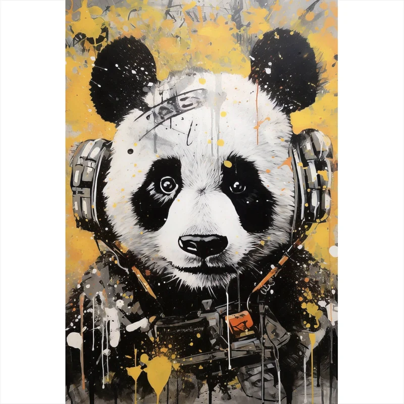 Leinwandbild Panda musikalisch mit Kopfhörern Hochformat