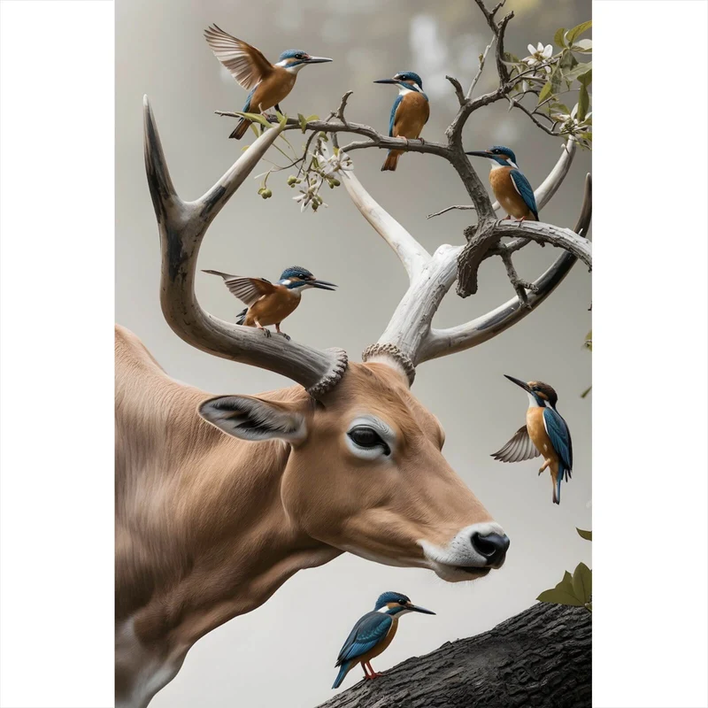 Poster Hirsch Vögel Kunstwerk Hochformat