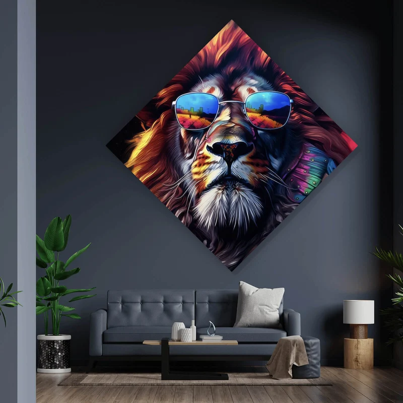 Leinwandbild Löwe mit Sonnenbrille und bunte Mähne Raute