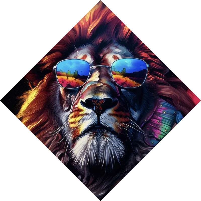 Leinwandbild Löwe mit Sonnenbrille und bunte Mähne Raute