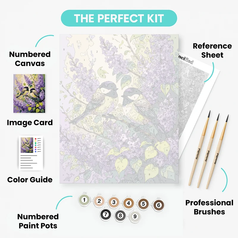 Chickadees in Blooming Lilacs - Paint by Numbers Kit