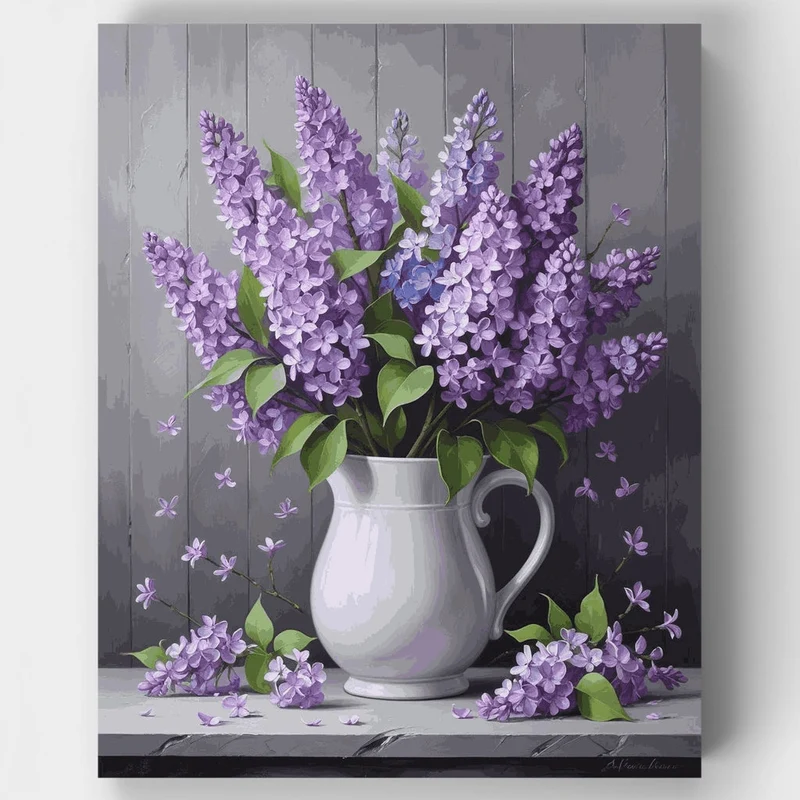 Purple Lilacs in White Pitcher - Paint by Numbers Kit