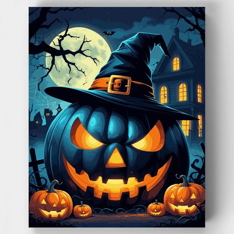 Halloween Jack-o'-Lantern Witch Hat Scene - Paint by Numbers Kit