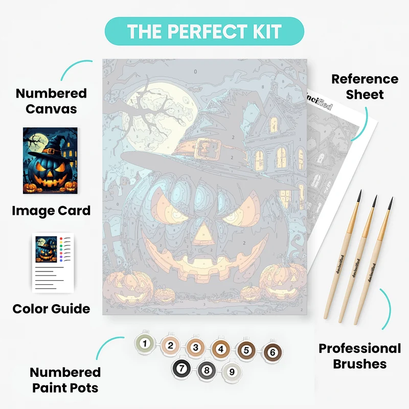 Halloween Jack-o'-Lantern Witch Hat Scene - Paint by Numbers Kit