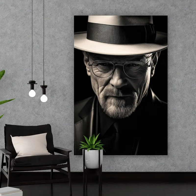 Aluminiumbild gebürstet Porträt eines Mannes mit Hut und Brille Hochformat