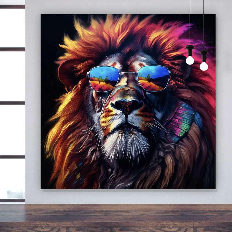 Aluminiumbild Löwe mit Sonnenbrille und bunte Mähne Quadrat