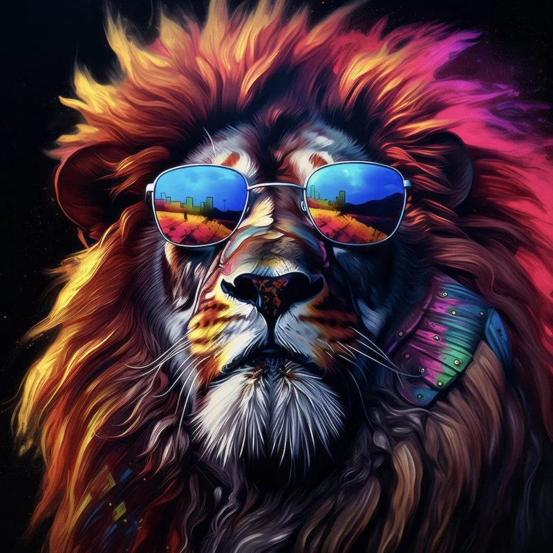 Leinwandbild Löwe mit Sonnenbrille und bunte Mähne Quadrat