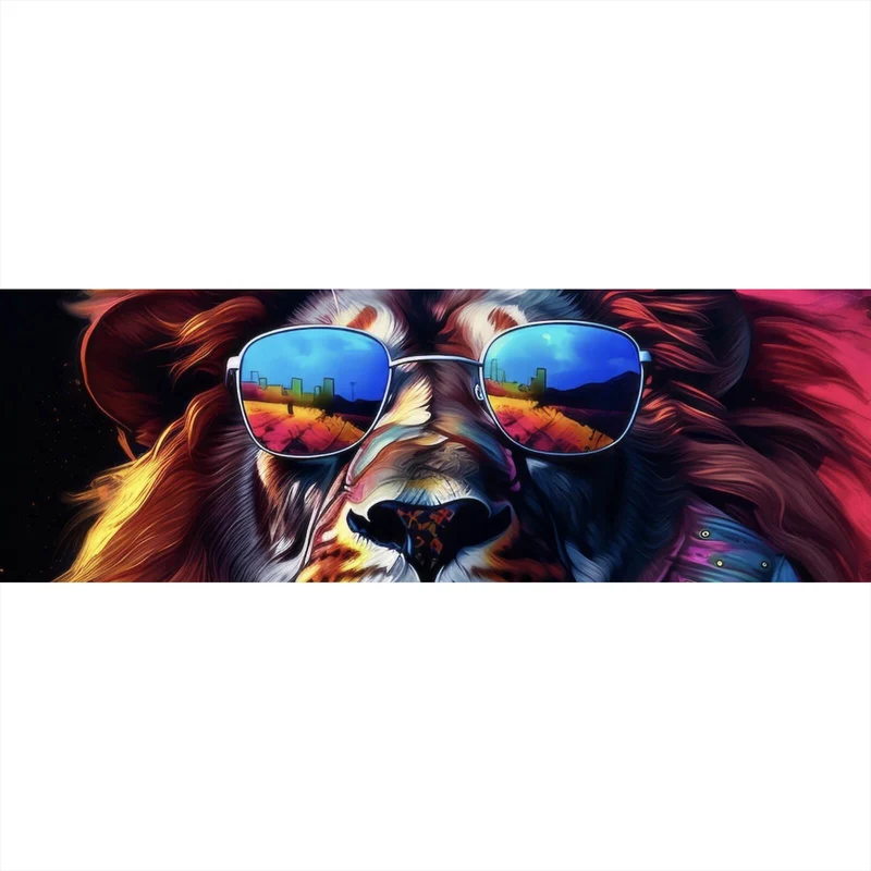 Poster Löwe mit Sonnenbrille und bunte Mähne Panorama