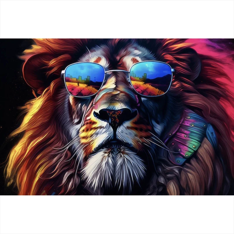Spannrahmenbild Löwe mit Sonnenbrille und bunte Mähne Querformat
