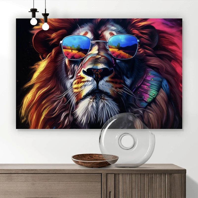 Aluminiumbild gebürstet Löwe mit Sonnenbrille und bunte Mähne Querformat