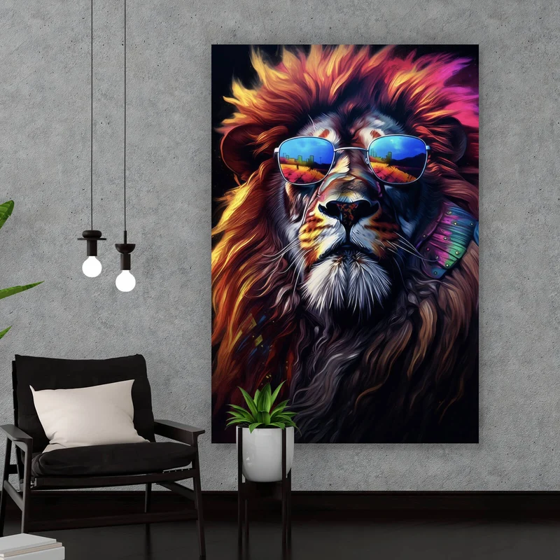 Aluminiumbild Löwe mit Sonnenbrille und bunte Mähne Hochformat