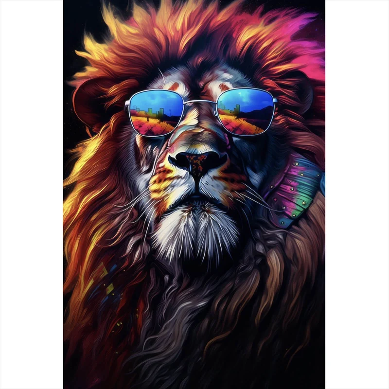 Poster Löwe mit Sonnenbrille und bunte Mähne Hochformat