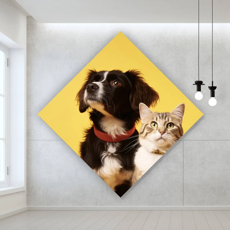 Aluminiumbild Hund und Katze vor gelbem Hintergrund Raute