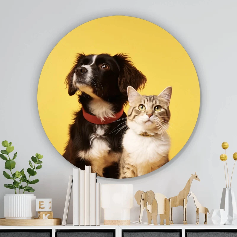 Aluminiumbild Hund und Katze vor gelbem Hintergrund Kreis