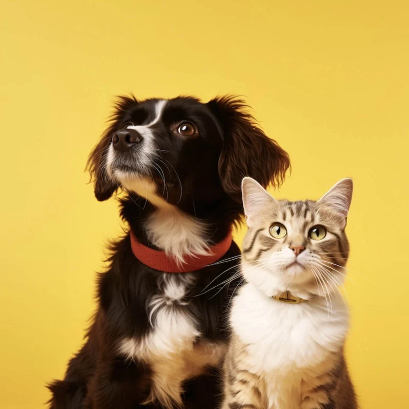 Spannrahmenbild Hund und Katze vor gelbem Hintergrund Quadrat