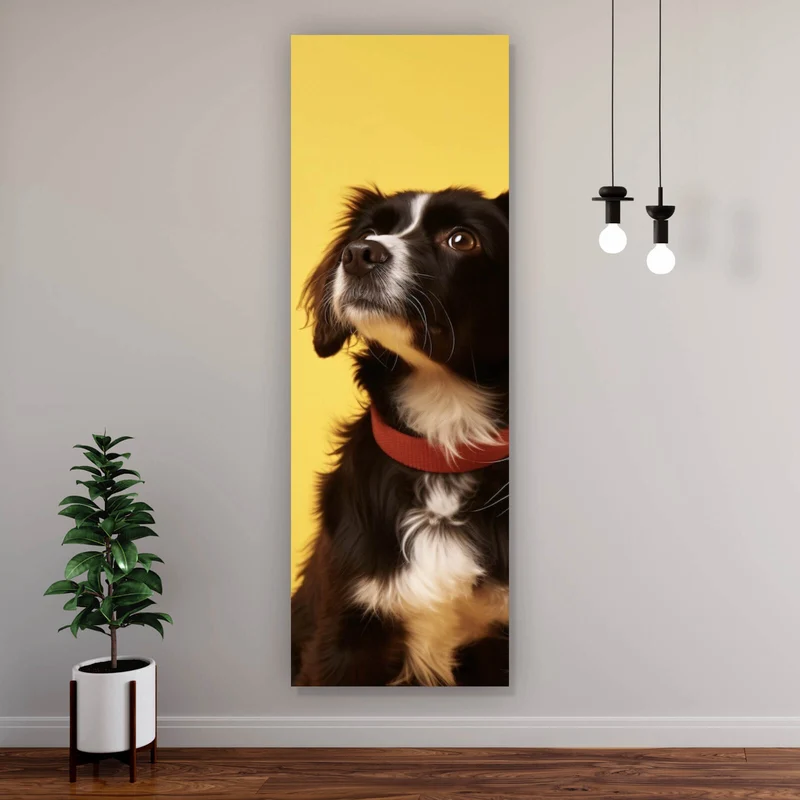 Poster Hund und Katze vor gelbem Hintergrund Panorama Hoch