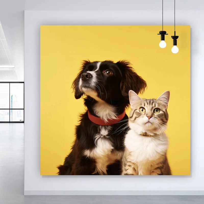 Poster Hund und Katze vor gelbem Hintergrund Quadrat