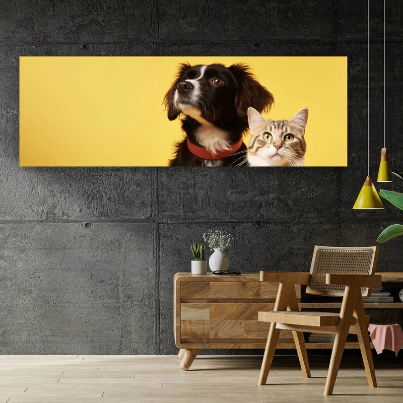 Spannrahmenbild Hund und Katze vor gelbem Hintergrund Panorama