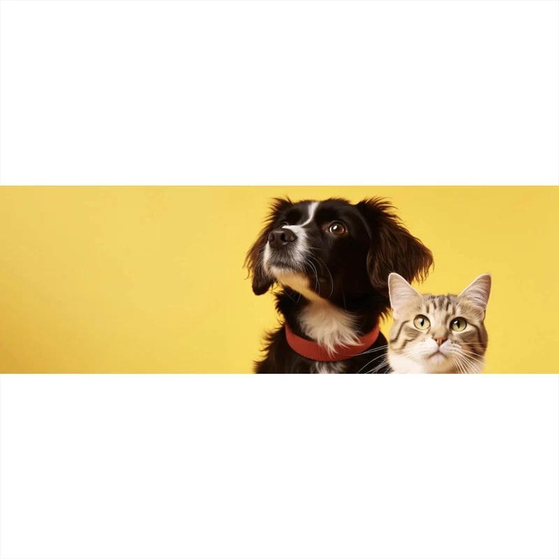 Leinwandbild Hund und Katze vor gelbem Hintergrund Panorama