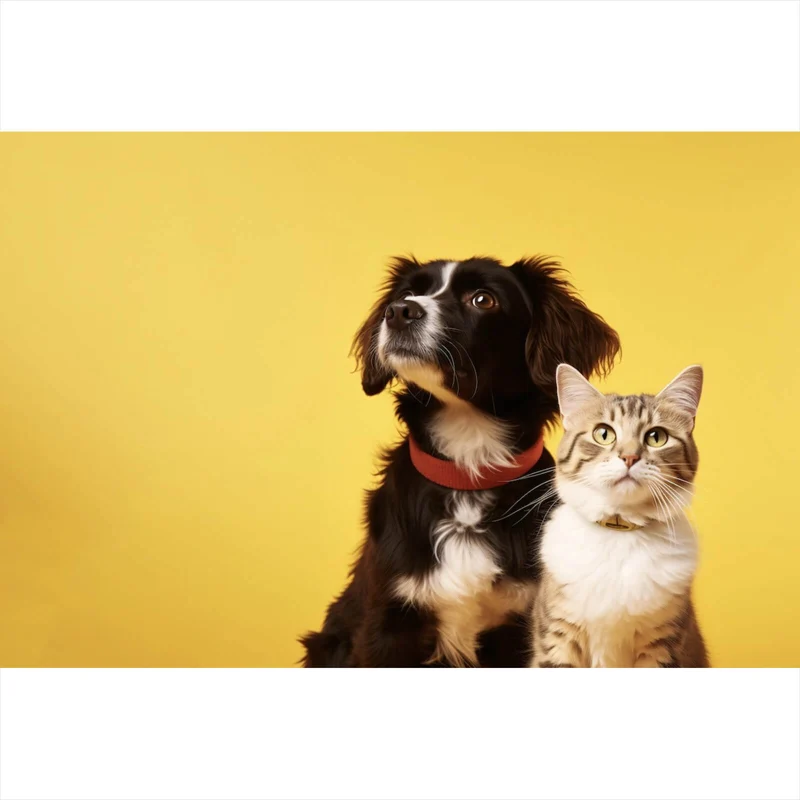 Acrylglasbild Hund und Katze vor gelbem Hintergrund Querformat