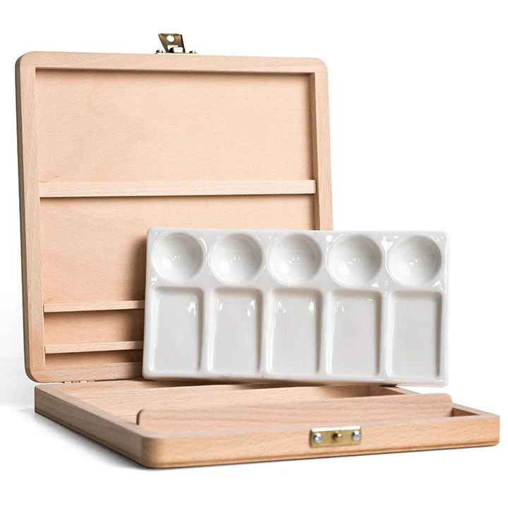 UMTON Wooden Box for Watercolors with Porcelain Palette 21x20.5x2.7 cm