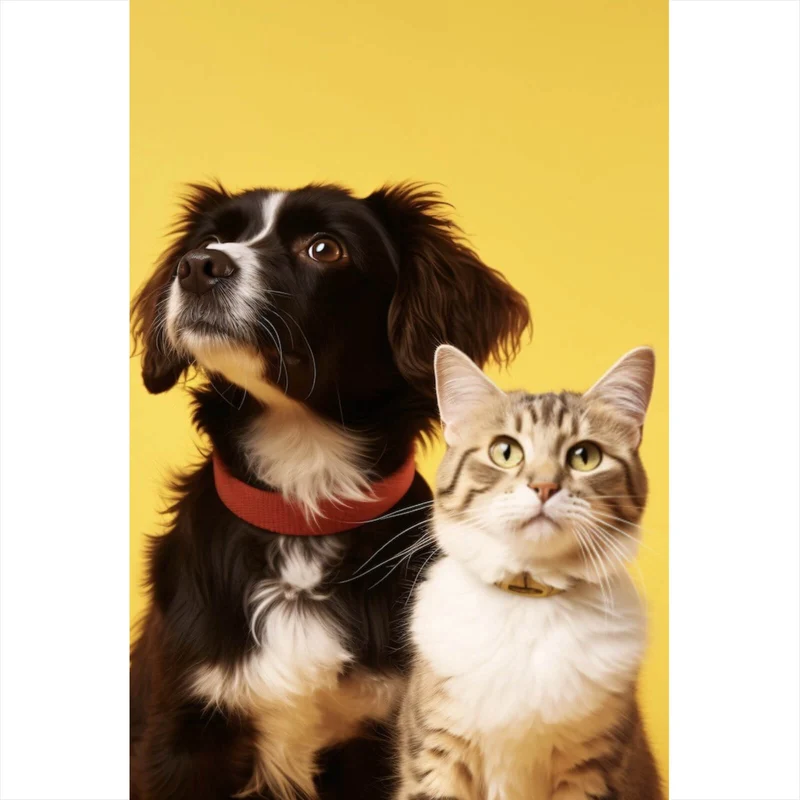Leinwandbild Hund und Katze vor gelbem Hintergrund Hochformat
