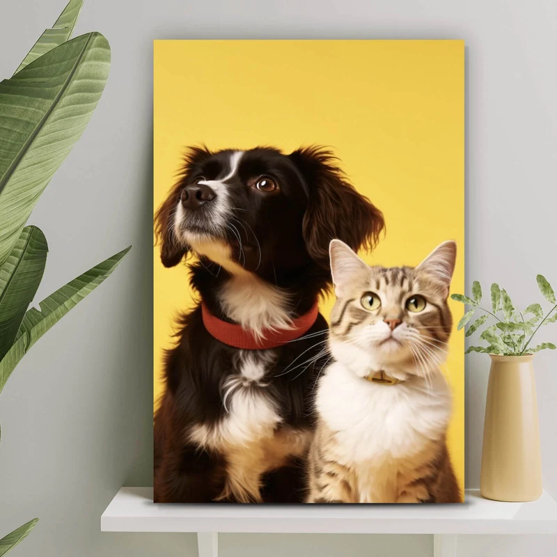 Poster Hund und Katze vor gelbem Hintergrund Hochformat