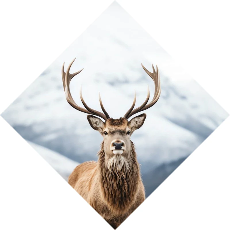 Spannrahmenbild Hirsch vor schneebedeckten Berglandschaft Raute