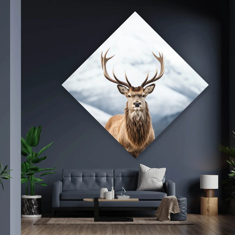 Aluminiumbild Hirsch vor schneebedeckten Berglandschaft Raute