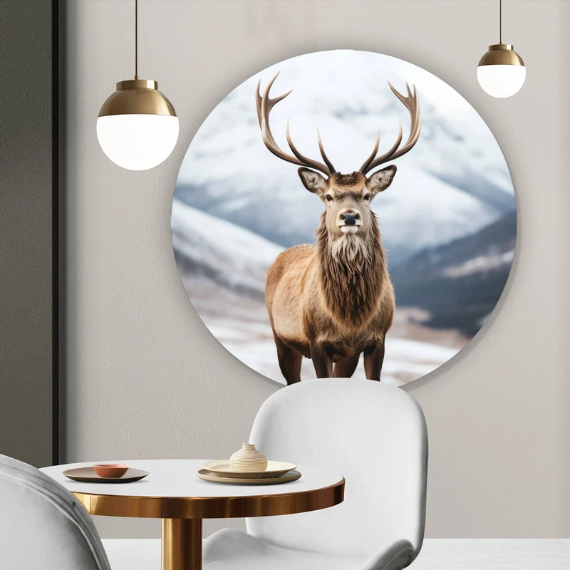 Aluminiumbild Hirsch vor schneebedeckten Berglandschaft Kreis