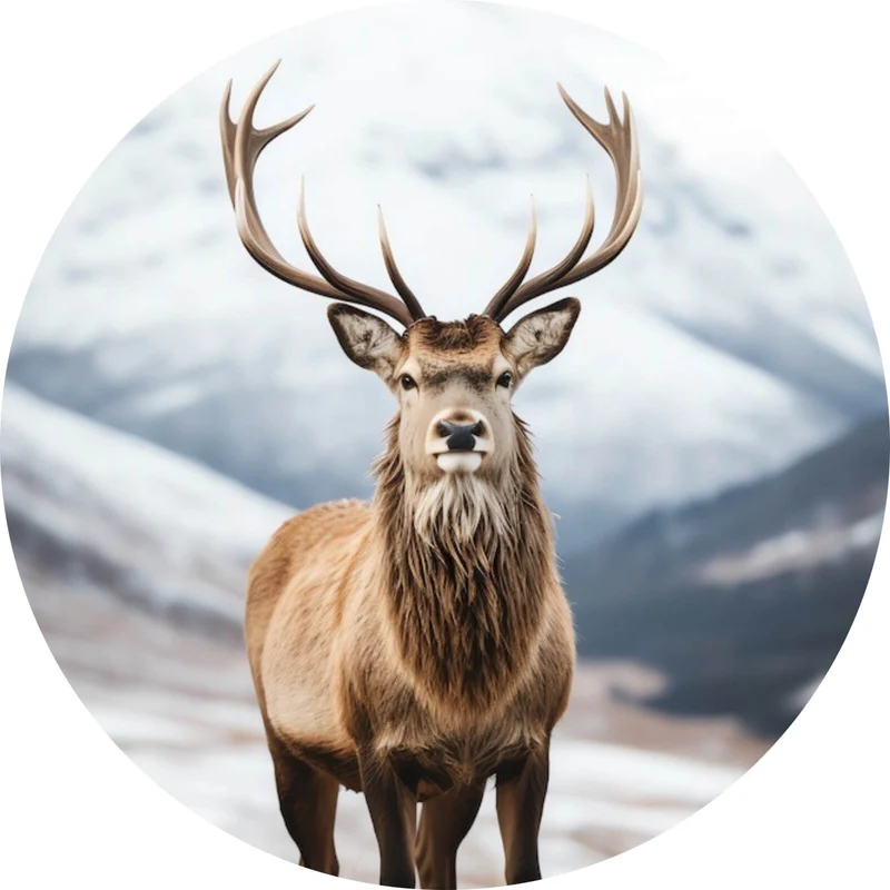 Aluminiumbild Hirsch vor schneebedeckten Berglandschaft Kreis
